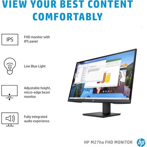 에이치피 HP M27ha FHD Monitor - Full HD Monitor (1920 x 1080p) - IPS Panel and Built-in Audio - VESA Compatible 27-inch Monitor Designed for Comfortable Viewing with Height and Pivot Adjust