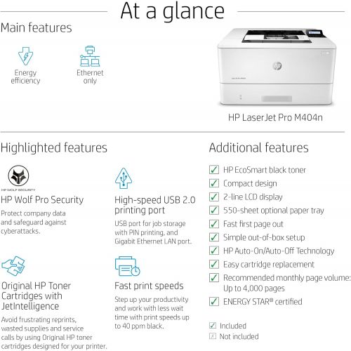 에이치피 HP LaserJet Pro M404n Monochrome Printer with built-in Ethernet (W1A52A)