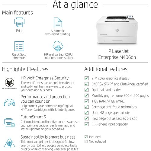 에이치피 HP LaserJet Enterprise M406dn Monochrome Printer with built-in Ethernet & 2-sided printing (3PZ15A)