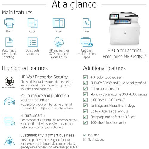 에이치피 HP Color LaserJet Enterprise M480f Multifunction Duplex Printer (3QA55A)