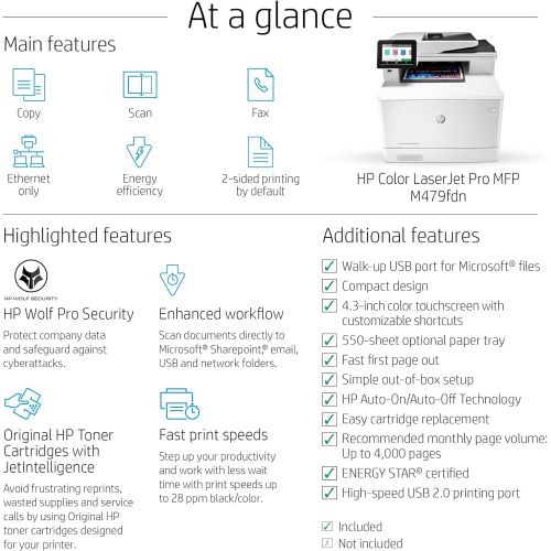 에이치피 HP Color LaserJet Pro Multifunction M479fdn Laser Printer with One-Year, Next-Business Day, Onsite Warranty, Works with Alexa (W1A79A) ? Built-in Ethernet