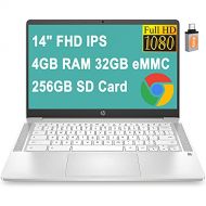 HP 14 Chromebook Flagship Laptop Computer 14 FHD IPS Intel Core Celeron N4000 4GB RAM 32GB eMMC 256G SD Card Intel UHD Graphics 600 B&O Backlit Chrome OS (White) + USB-C Adapter