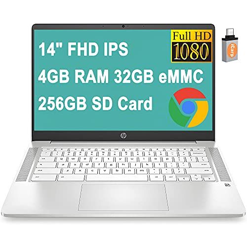 에이치피 HP 14 Chromebook Flagship Laptop Computer 14 FHD IPS Intel Core Celeron N4000 4GB RAM 32GB eMMC 256G SD Card Intel UHD Graphics 600 B&O Backlit Chrome OS (White) + USB-C Adapter