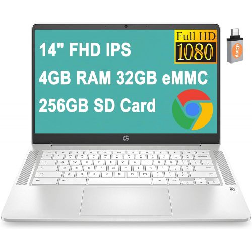 에이치피 HP 14 Chromebook Flagship Laptop Computer 14 FHD IPS Intel Core Celeron N4000 4GB RAM 32GB eMMC 256G SD Card Intel UHD Graphics 600 B&O Backlit Chrome OS (White) + USB-C Adapter