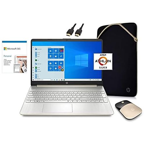 에이치피 2021 HP Laptop Computer 15.6 HD Screen, AMD Athlon 3050U 8GB RAM 128GB SSD HDMI Wi-Fi Webcam Gold Win 10 School Essential Bundle: 1-Year Office 365, Wireless Mouse, Sleeve, VATTE H