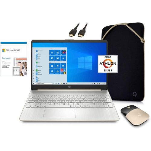 에이치피 2021 HP Laptop Computer 15.6 HD Screen, AMD Athlon 3050U 8GB RAM 128GB SSD HDMI Wi-Fi Webcam Gold Win 10 School Essential Bundle: 1-Year Office 365, Wireless Mouse, Sleeve, VATTE H
