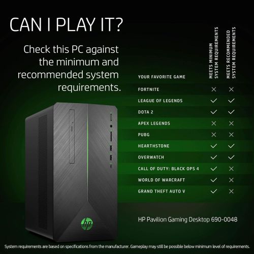 에이치피 HP Pavilion Gaming Desktop Computer, AMD Ryzen 5 2400G, NVIDIA GeForce GTX 1060, 16GB RAM, 1TB hard drive, 128GB SSD, Windows 10 (690-0048, Black) (3LB74AA#ABA)