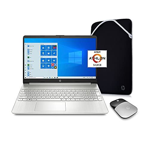 에이치피 HP 15z Laptop, 15.6 HD Screen, AMD Athlon 3050U Processor, 8GB RAM, 128GB SSD, Webcam, 1-Year Microsoft 365, Windows 10 Home, Wireless Mouse, Sleeve, Silver