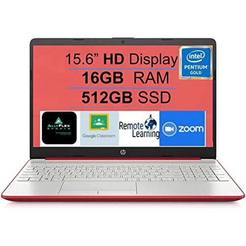 에이치피 2021 Newest HP 15 15.6” HD Display Laptop Notebook, Intel Pentium Gold 6405U 2.4 GHz, 16GB DDR4 RAM, 512GB SSD, HDMI, USB-C, WiFi, Webcam, Win10, Scarlet Red +AllyFlex Mousepad, On