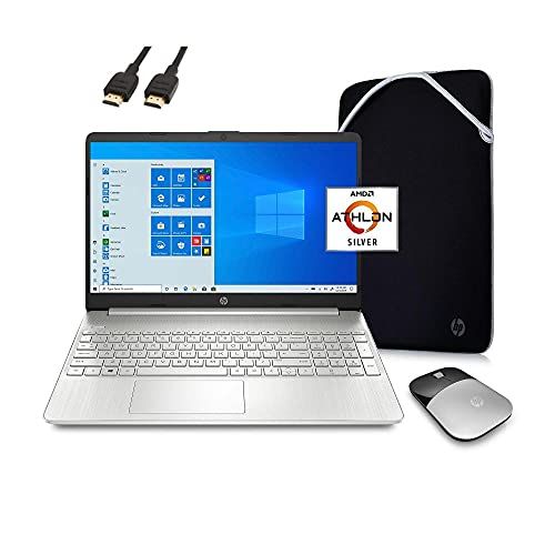 에이치피 HP 2021 Premium 15.6 HD Laptop Computer, 2 Core AMD Athlon Silver 3050U 2.3 GHz, 8GB RAM, 128GB SSD, Webcam, Bluetooth, Wi-Fi, HDMI, Windows 10 S, Silver, Wireless Mouse, Sleeve, R