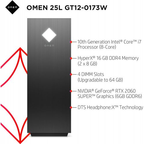 에이치피 HP OMEN 25L Gaming Desktop PC, RTX 2060 Super Graphics Card, Intel Core i7-10700F Processor, 16GB RAM, 512GB SSD, Windows 10 Home w/Tivdio Accessory