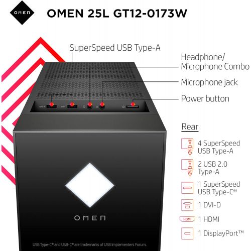 에이치피 HP OMEN 25L Gaming Desktop PC, RTX 2060 Super Graphics Card, Intel Core i7-10700F Processor, 16GB RAM, 512GB SSD, Windows 10 Home w/Tivdio Accessory