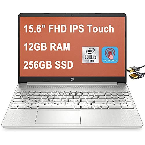 에이치피 HP 15 Premium Laptop Computer 15.6 FHD IPS Touchscreen Display 10th Gen Intel Quad-Core i5-1035G1 (Beats i7-8550U) 12GB DDR4 256GB SSD WiFi Webcam Win 10 + HDMI Cable