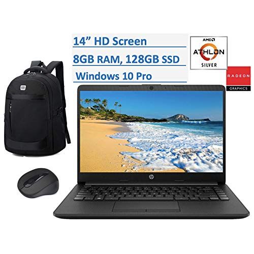 에이치피 2020 HP Premium 14 inch HD Laptop, AMD Athlon Silver 3050U (Beat i5-7200U), up to 3.2GHz, 8GB RAM, 128GB SSD, Jet Black Color, HDMI, Webcam, WiFi, Windows 10 Pro, Computer Backpack