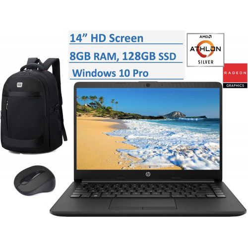 에이치피 2020 HP Premium 14 inch HD Laptop, AMD Athlon Silver 3050U (Beat i5-7200U), up to 3.2GHz, 8GB RAM, 128GB SSD, Jet Black Color, HDMI, Webcam, WiFi, Windows 10 Pro, Computer Backpack