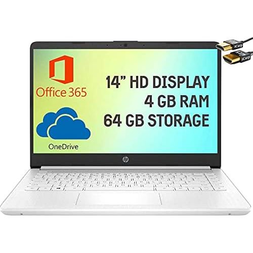 에이치피 HP Stream 14 Laptop Computer 14 HD Micro-Edge Display Intel Celeron N4020 4GB RAM 64GB eMMC Intel UHD Graphics 600 HDMI USB-C Webcam Office 365 Win 10 (White) + HDMI Cable