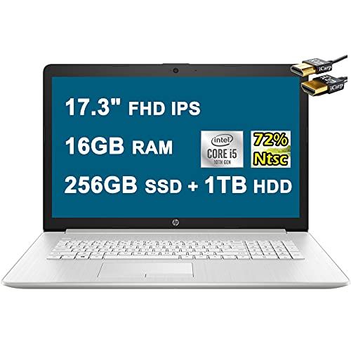 에이치피 HP Flagship 2021 17 Laptop Computer 17.3 FHD IPS (72% NTSC) 10th Gen Intel Quad-Core i5-10210U (Beats i7-8550U) 16GB DDR4 256GB SSD 1TB HDD Backlit Keyboard Webcam DVD Win10 + HDMI