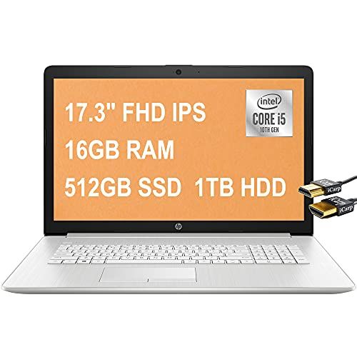 에이치피 HP 17 Pavilion Business Laptop, 17.3 FHD IPS, 10th Gen Intel 4-Core i5-1035G1(Beats i7-8550U), 16GB DDR4 512GB SSD 1TB HDD, DVD Backlit KB Win 10 + HDMI Cable