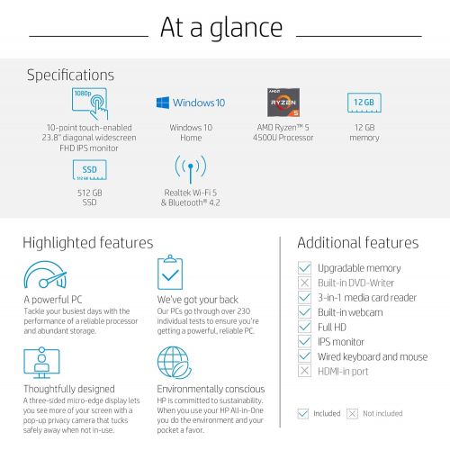 에이치피 HP 24-inch All-in-One Touchscreen Desktop Computer, AMD Ryzen 5 4500U Processor, 12 GB RAM, 512 GB SSD, Windows 10 Home (24-dp0160, Silver)