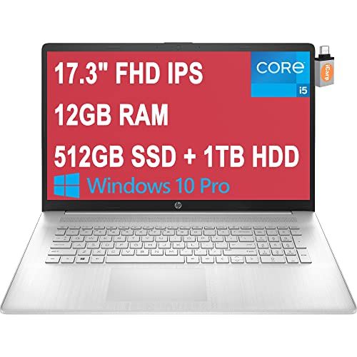 에이치피 HP 17 Laptop 17.3 FHD IPS Anti-Glare Display 11th Gen Intel 4-Core i5-1135G7 (Beats i7-10510U) 12GB RAM 512GB SSD + 1TB HDD Intel Iris Xe Graphics HDMI Win10 Pro Silver + USB-C Ada