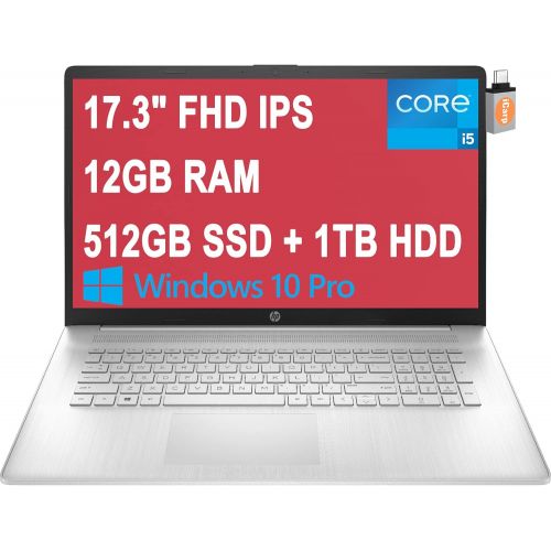 에이치피 HP 17 Laptop 17.3 FHD IPS Anti-Glare Display 11th Gen Intel 4-Core i5-1135G7 (Beats i7-10510U) 12GB RAM 512GB SSD + 1TB HDD Intel Iris Xe Graphics HDMI Win10 Pro Silver + USB-C Ada
