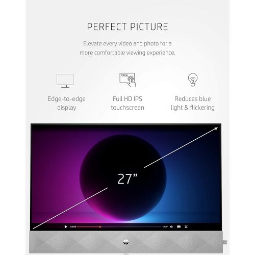 에이치피 HP 27 Pavilion All-in-One PC, 10th Gen Intel i7-10700T Processor, 16 GB RAM, Dual Storage 512 GB SSD and 1TB HDD, Full HD IPS 27 Inch Touchscreen, Windows 10 Home, Keyboard and Mou