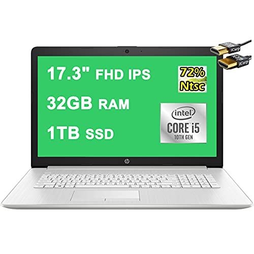 에이치피 HP Flagship 2021 17 Laptop Computer 17.3 FHD IPS (72% NTSC) 10th Gen Intel Quad-Core i5-10210U (Beats i7-8550U) 32GB DDR4 1TB SSD Backlit Keyboard DVD Win10 + HDMI Cable