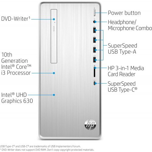 에이치피 HP Pavilion Desktop, 10th Gen Intel Core i3-10100 Processor, 8 GB RAM, 512 GB SSD, Windows 11 (TP01-1030, Silver)