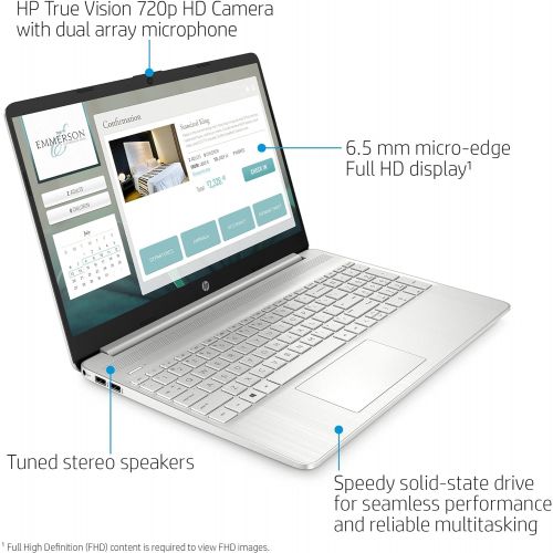 에이치피 HP 15 15.6 FHD Laptop Computer, AMD Ryzen 3 3250U up to 3.5GHz, 4GB DDR4 RAM, 128GB SSD, 802.11AC WiFi, Bluetooth 5.0, Webcam, Type-C, HDMI, Silver, Windows 10 S, BROAGE 64GB Flash
