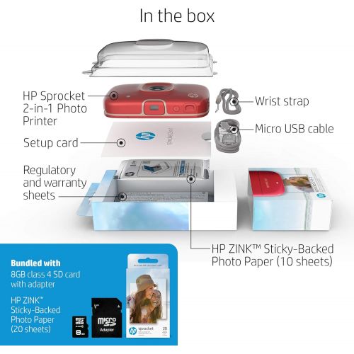 에이치피 HP Sprocket 2-in-1 Portable Photo Printer & Instant Camera Bundle with 8GB microSD Card and Zink Photo Paper ? Red (5MS97A)