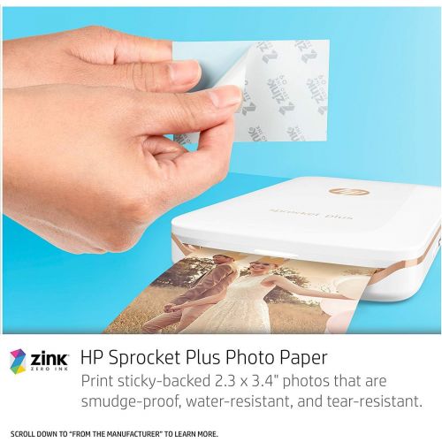 에이치피 HP Sprocket Plus Instant Photo Printer, Print 30% Larger Photos on 2.3x3.4 Sticky-Backed Paper ? White (2FR85A)