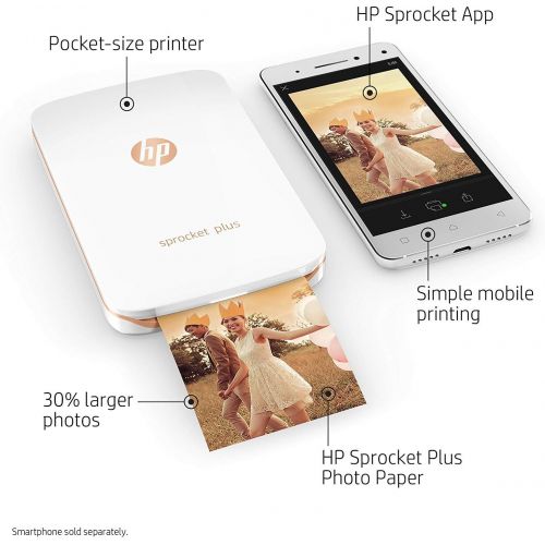 에이치피 HP Sprocket Plus Instant Photo Printer, Print 30% Larger Photos on 2.3x3.4 Sticky-Backed Paper ? White (2FR85A)