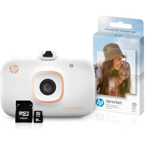 에이치피 HP Sprocket 2-in-1 Portable Photo Printer & Instant Camera Bundle with 8GB microSD Card and Zink Photo Paper ? White (5MS95A)