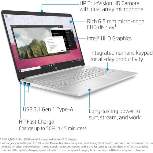 에이치피 HP 15-Inch FHD Laptop, 10th Gen Intel Core i5-1035G1, 8 GB RAM, 256 GB Solid-State Drive, Windows 10 Home (15-dy1036nr, Natural Silver)