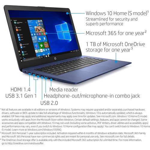 에이치피 [아마존베스트]HP Stream 14-inch Laptop, Intel Celeron N4000, 4 GB RAM, 64 GB eMMC, Windows 10 Home in S Mode with Office 365 Personal for 1 Year (14-cb185nr, Royal Blue)