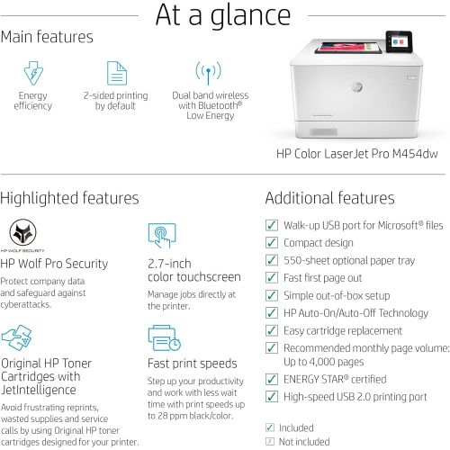 에이치피 [아마존베스트]HP Color LaserJet Pro M454dw Wireless Laser Printer, Double-Sided & Mobile Printing, Security Features, Works with Alexa (W1Y45A)