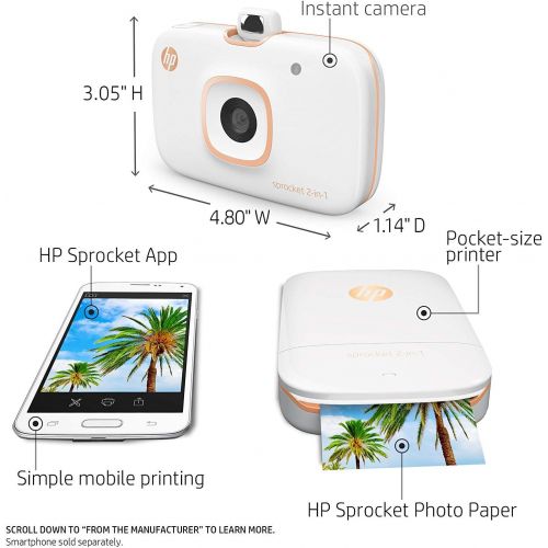 에이치피 [아마존베스트]HP Sprocket 2-in-1 Portable Photo Printer & Instant Camera, print social media photos on 2x3 sticky-backed paper (2FB96A), 2:1 White, 4.8 x 3 x 1.1