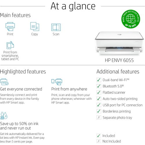 에이치피 [아마존베스트]HP ENVY 6055 Wireless All-in-One Printer, Mobile Print, Scan & Copy, Works with Alexa (5SE16A)