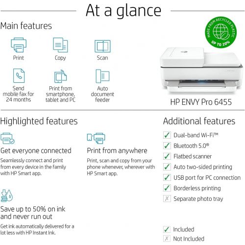 에이치피 [아마존베스트]HP ENVY Pro 6455 Wireless All-in-One Printer, Mobile Print, Scan & Copy, Auto Document Feeder, Works with Alexa (5SE45A)