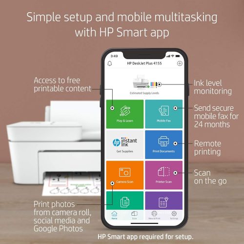 에이치피 [아마존베스트]HP DeskJet Plus 4155 Wireless All-in-One Printer, Mobile Print, Scan & Copy, HP Instant Ink Ready, Auto Document Feeder, Works with Alexa (3XV13A)