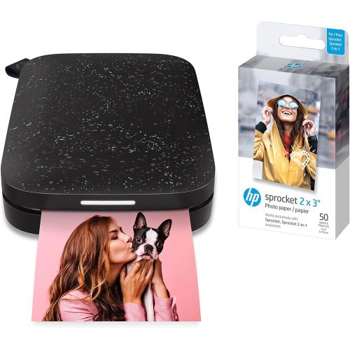 에이치피 HP Sprocket Portable Photo Printer (2nd Edition) ? Instantly print 2x3 sticky-backed photos from your phone ? [Noir] [1AS86A] and Sprocket Photo Paper, 50 Sheets