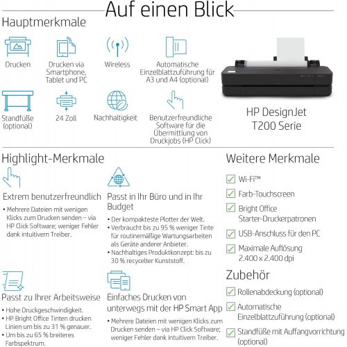 에이치피 [아마존베스트]HP DesignJet T250 24 Large Format Printer Up to A1 Mobile Printing Wi-Fi Gigabit Ethernet Hi-Speed USB 2.0 (5HB06A)