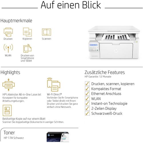 에이치피 [아마존베스트]HP LaserJet Pro M130nw Laser Printer Multifunction Device (Black and White Printer, Scanner, Copier, WLAN, LAN, Airprint) White