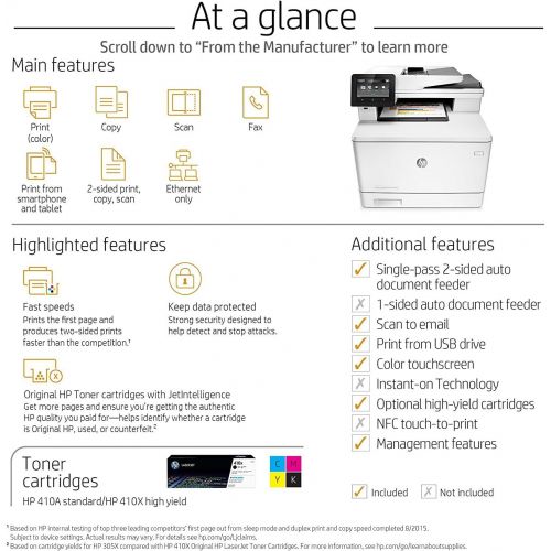 에이치피 HP Laserjet Pro M477fdn Multifunction Color Laser Printer with Built-in Ethernet & Duplex Printing, Amazon Dash Replenishment Ready (CF378A)