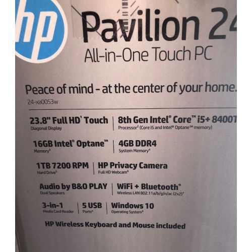 에이치피 HP 24-xa0053w Pavilion AIO, 23.8 FHD Touchscreen, Intel i5-8400T, 4GB RAM, 16GB Intel Optane, 1TB HDD, Windows 10 Home, Sparkling Black