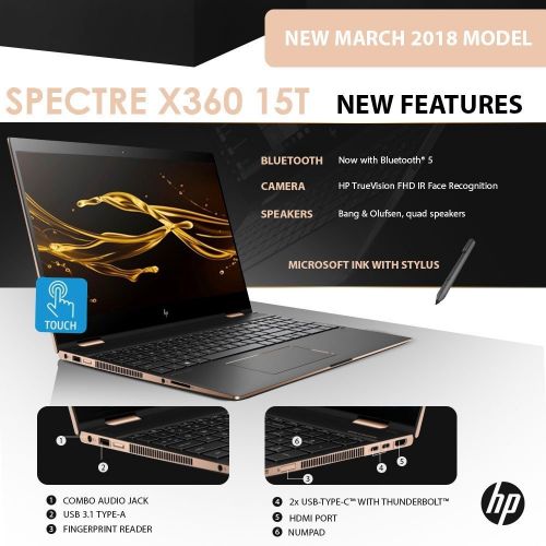 에이치피 HP Spectre x360-15t Quad Core(8th Gen Intel i7-8705G, 1 TB PCIe NVMe SSD, 16GB RAM, 4GB Radeon RX Vega, 4K IPS micro-edge Touchscreen Corning Gorilla)Bang & Olufsen 15.6 2-in-1 Dar