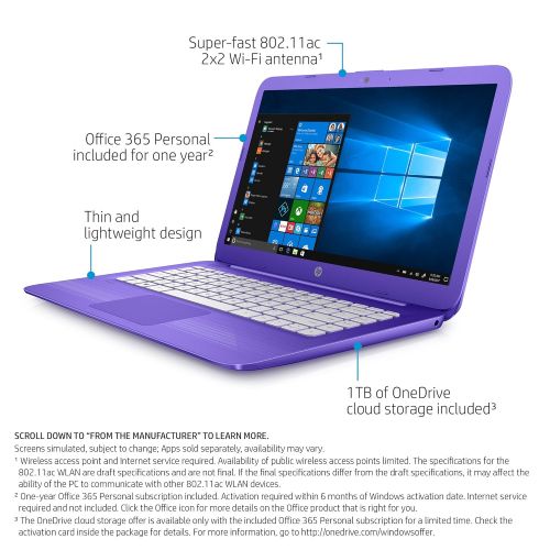에이치피 HP Stream Laptop PC 14-ax050nr (Intel Celeron N3060, 4 GB RAM, 64 GB eMMC, Purple), 1-Year Office 365 Personal Subscription Included