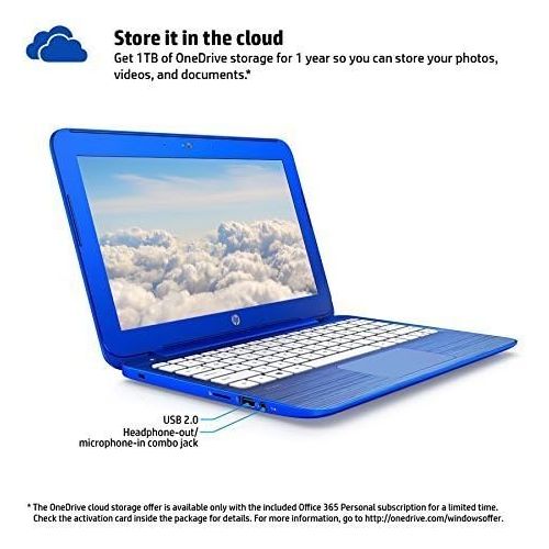 에이치피 HP Stream 2016 Model 11.6-inch HD Laptop High Performance | Intel Dual-Core | 2GB RAM | 32GB SSD | 1 Year Office 365 | Bluetooth | WiFi | Windows 10 (Blue)
