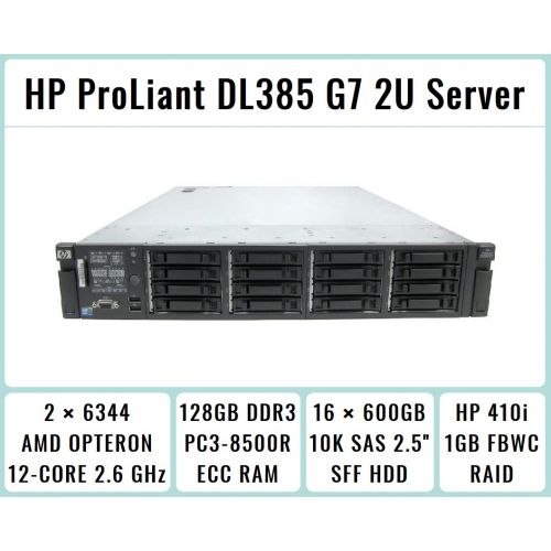 에이치피 HP ProLiant DL385 G7 2U RackMount 64-bit Server with 2x12-Core 6344 Opteron 2.6GHz CPUs + 128GB PC3-8500R RAM + 16x600GB 10K SAS SFF HDD, P410i RAID, 4xGigaBit NIC, 2xPower Supplie