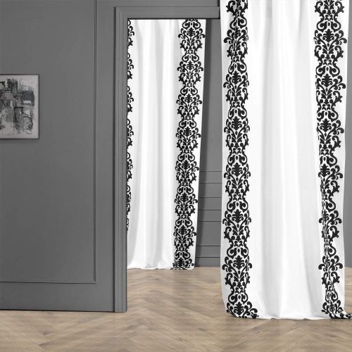  HPD Half Price Drapes PTFFLK-C36A-108 Castle Flocked Faux Silk Curtain, White & Black, 50 x 108